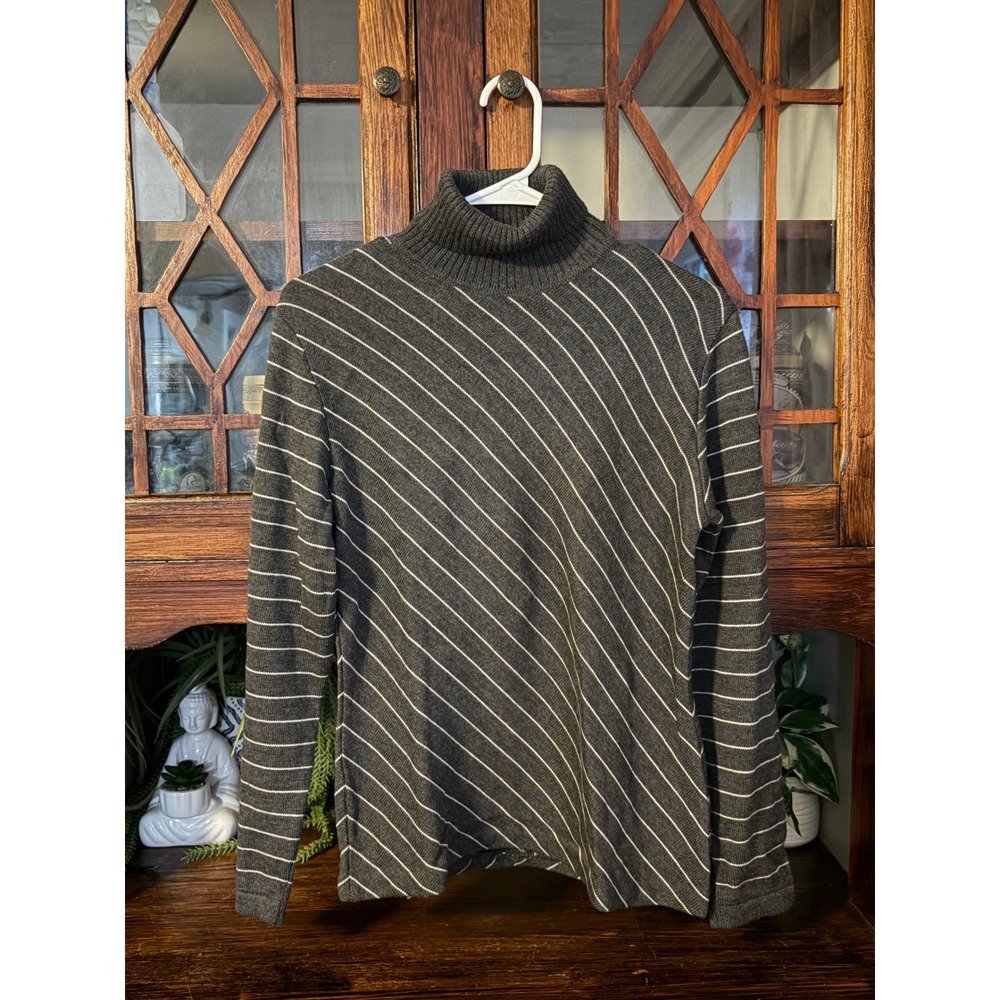 Tommy Hilfiger Womens Medium Grey Merino Wool Diagonal Stripe Turtleneck Sweater